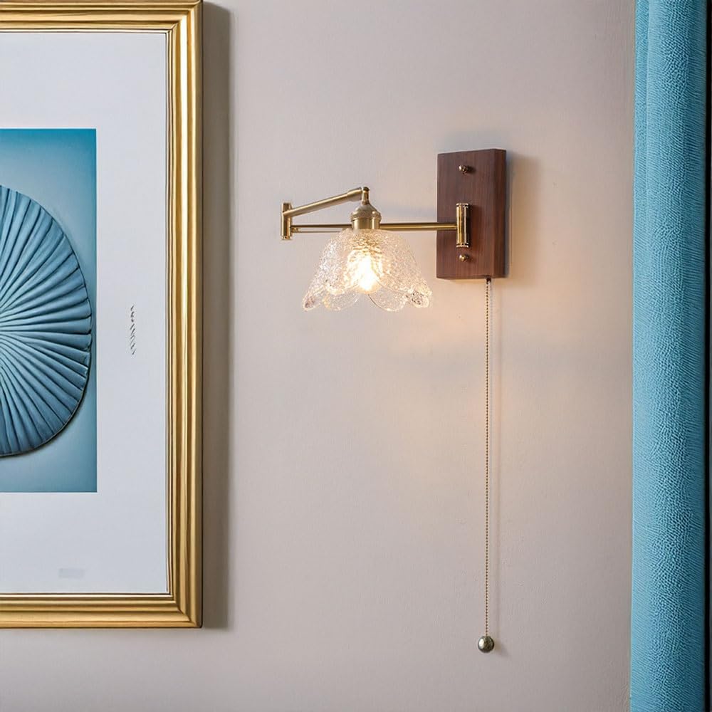 Regulowana lampa ścienna w stylu retro, obrotowa lampa ścienna w stylu vintage z przełącznikiem suwakowym, lampką nocną z kwiecistym szkłem, mosiężna lampa ścienna do sypialni