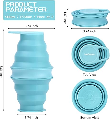 Miniatura 2 de Nefeeko Botella de agua plegable, reutilizable, sin BPA, de silicona, plegable, para viajes, gimnasio, camping, senderismo, botella de agua portátil