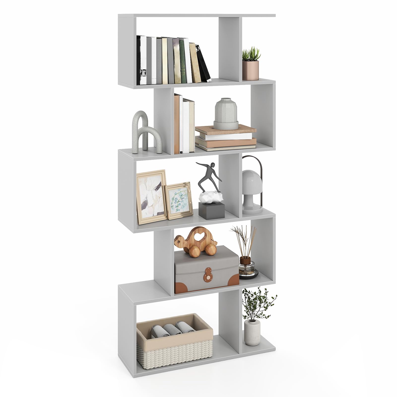 COSTWAY S-Shaped Wooden Bookcase, 5/6 Tiers Freestanding Storage Shelf, Home Office Industrial Decorative Bookshelf Display Stand Rack (Grey, 70 x 24 x 158 cm) — image 1