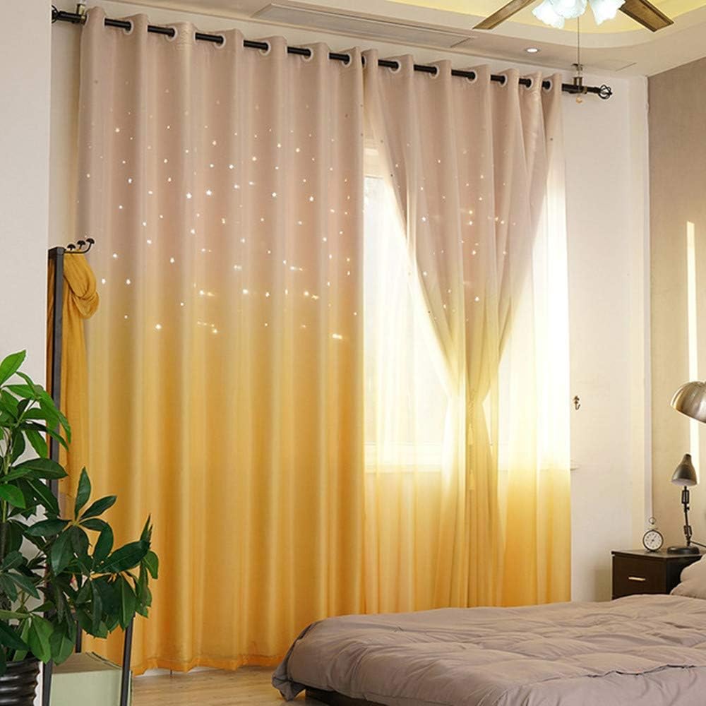 ABREEZE Kids Star Blackout Curtains - Gradient Tulle Overlay Double Layer Sparkle Star Cut Out Curtains (1 Panel, 59 x 84 inch, Beige)