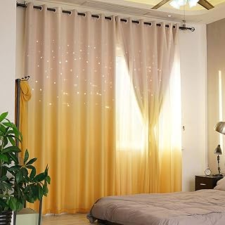 ABREEZE Kids Star Blackout Curtains - Gradient Tulle Overlay Double Layer Sparkle Star Cut Out Curtains (1 Panel, 59 x 84 inch, Beige)