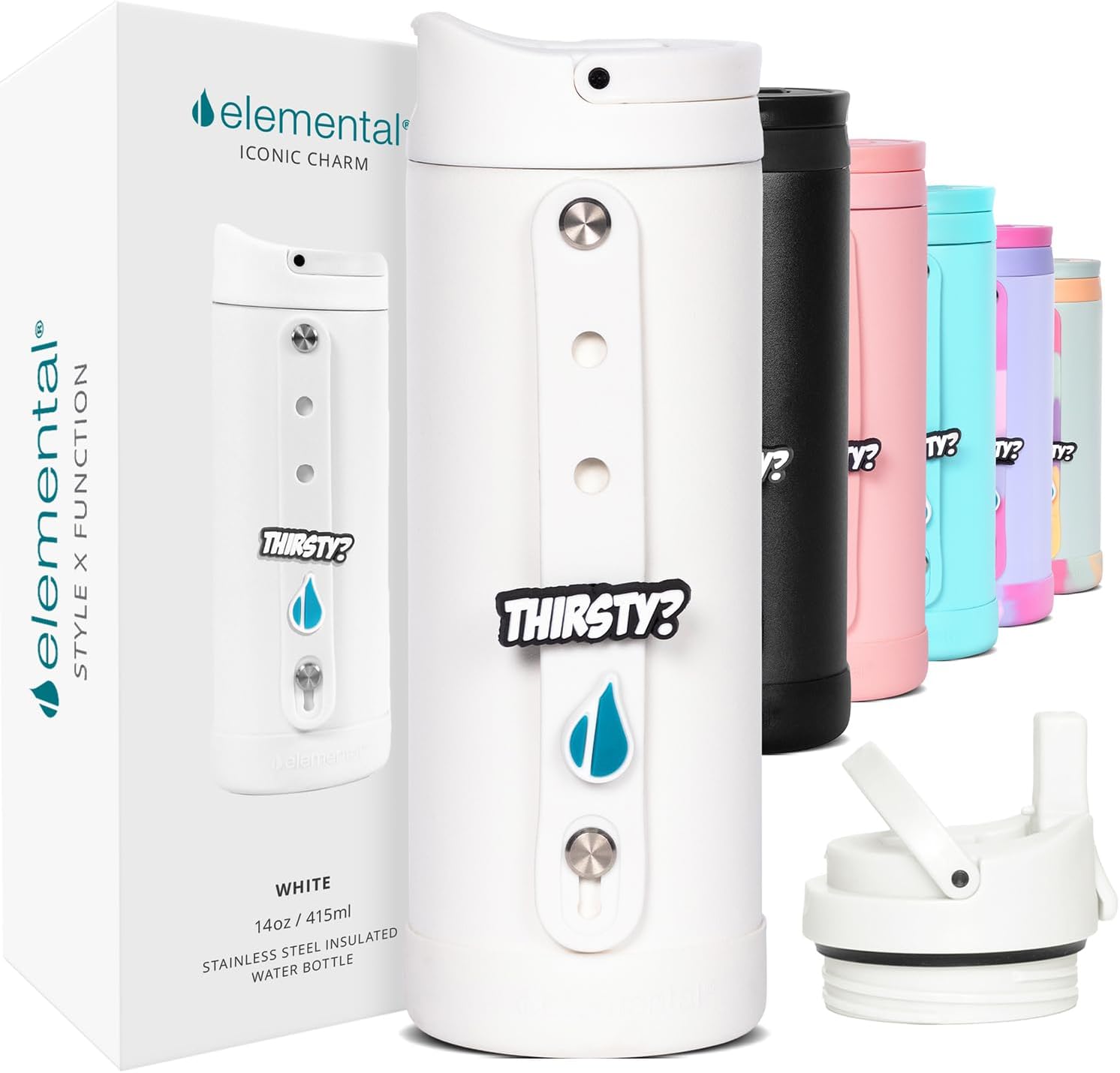 Elemental Iconic Kids Water Bottle with Straw Lid & Charms Strap, Leak-Proof When Closed, Triple Insulated Stainless Steel Reusable Water Bottle - 14oz, White