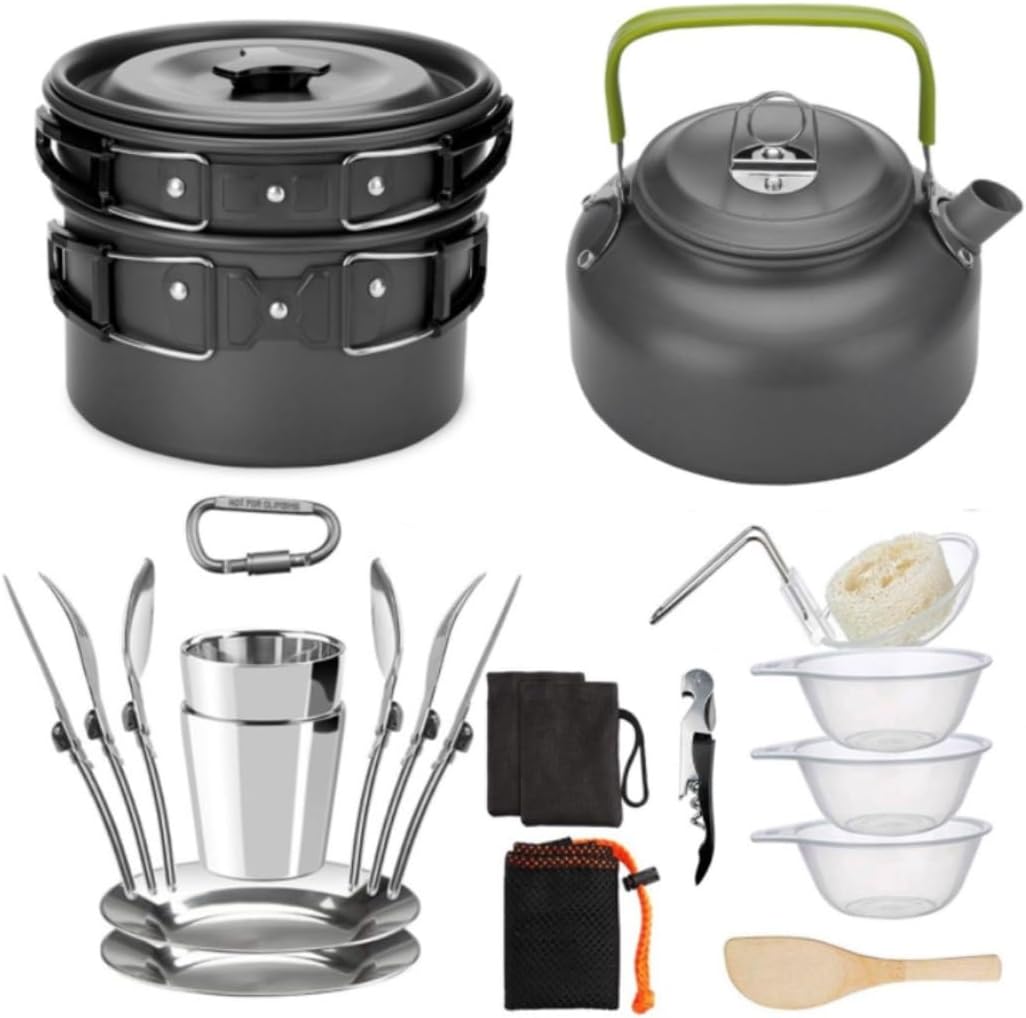 Camping Campfire Utensils, Cookware Mess Kit Outdoor Ultralight Non-Stick Pots Pan Kettle Folding for Backpacking Picnic Hiking Backpacking Gear