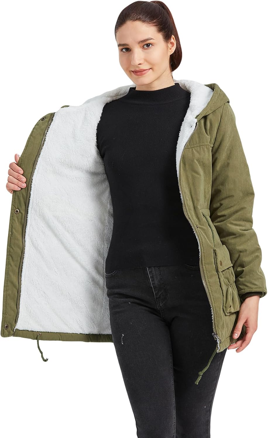 MEWOW Women's Winter Mid Length Thick Warm Faux Lamb Wool Lined Jacket Casual Coat - Image 5