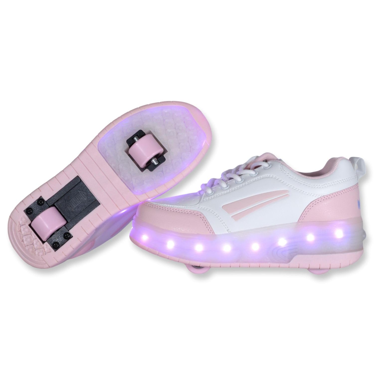 Zapatillas Deportivas con Dos Ruedas y Luces LED. Recargables, 16 Efectos de Luces. Rueda Trasera automática. Blanco/Rosa pálido. Talla 34
