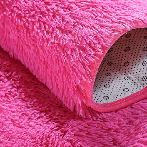 Junovo Oval Fluffy Ultra Soft Area Rugs For Bedroom Plush Shaggy Carpet For Kids Room Bedside Nursery Mats, 2.6 X 5.3Ft, Hot-Pink #TOP2