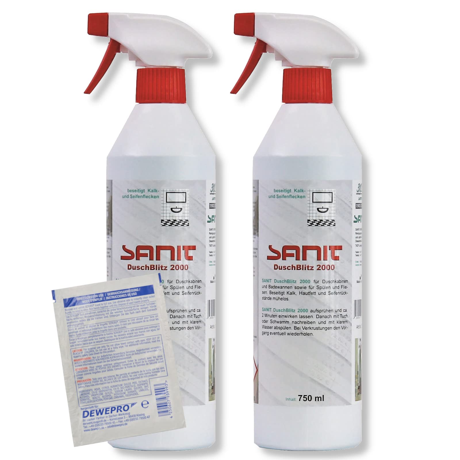 DEWEPRO-Set: SANIT DuschBlitz 2000 (3015) - 2 Flaschen à 750ml - beseitigt mühelos Kalk, Hautfett und Seifenrückstände auf Duschkabinen, Fliesen und Wannen, inkl. 1 St. DEWEPRO® Single Scrubs