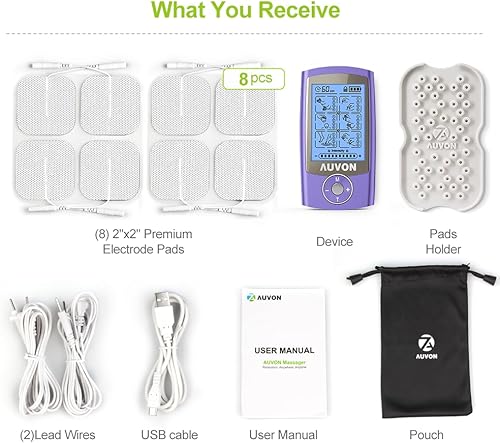 Miniatura 20 de AUVON Unidad TENS recargable estimulador muscular, 24 modos de 4ª generación TENS máquina con 8 almohadillas de electrodo premium de 2 x 2 pulgadas