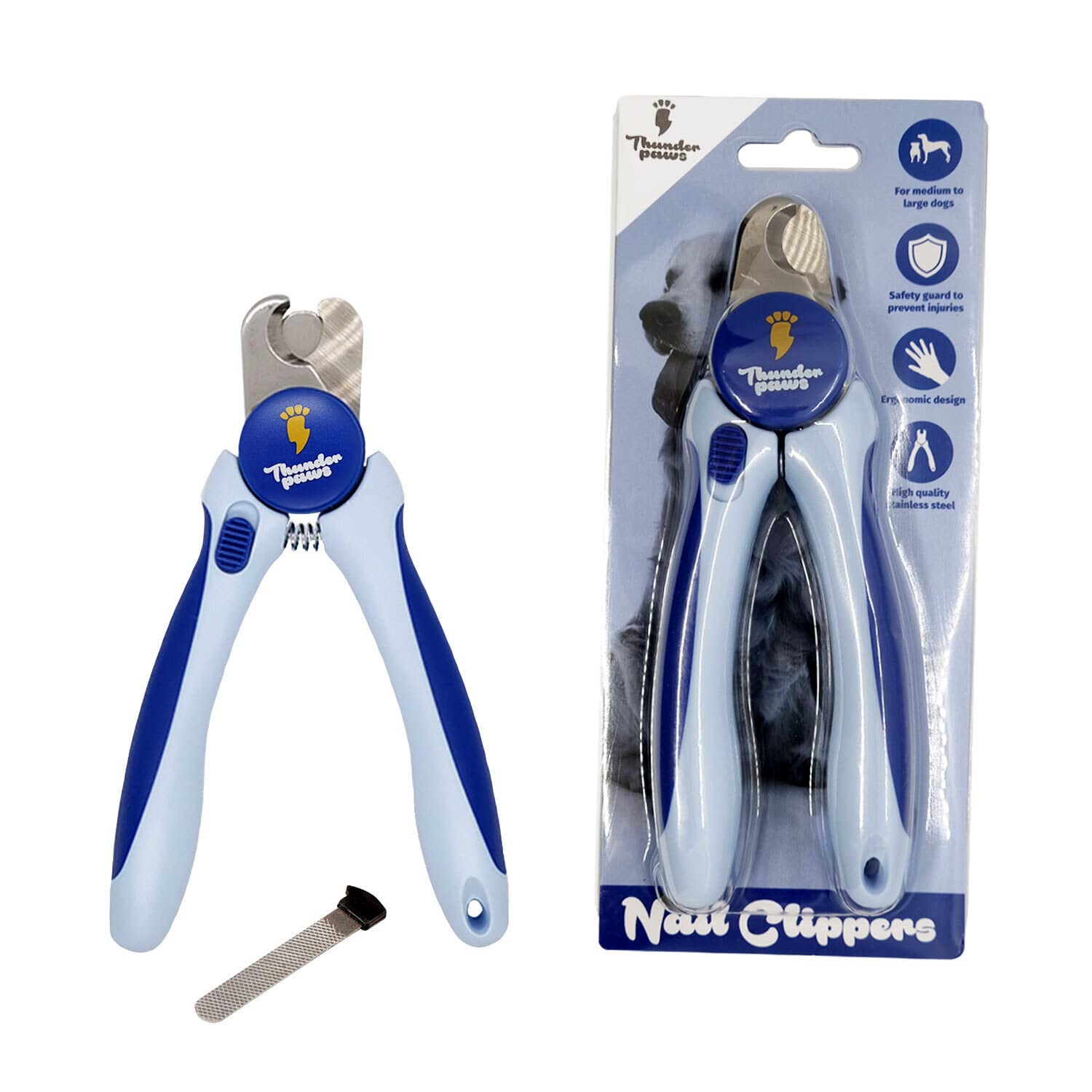 Thunderpaws tagliaunghie Professionale graduale per Cani con Blocco di Protezione, Serratura di Sicurezza e Lima per Unghie (Medio-Grande, Blue)
