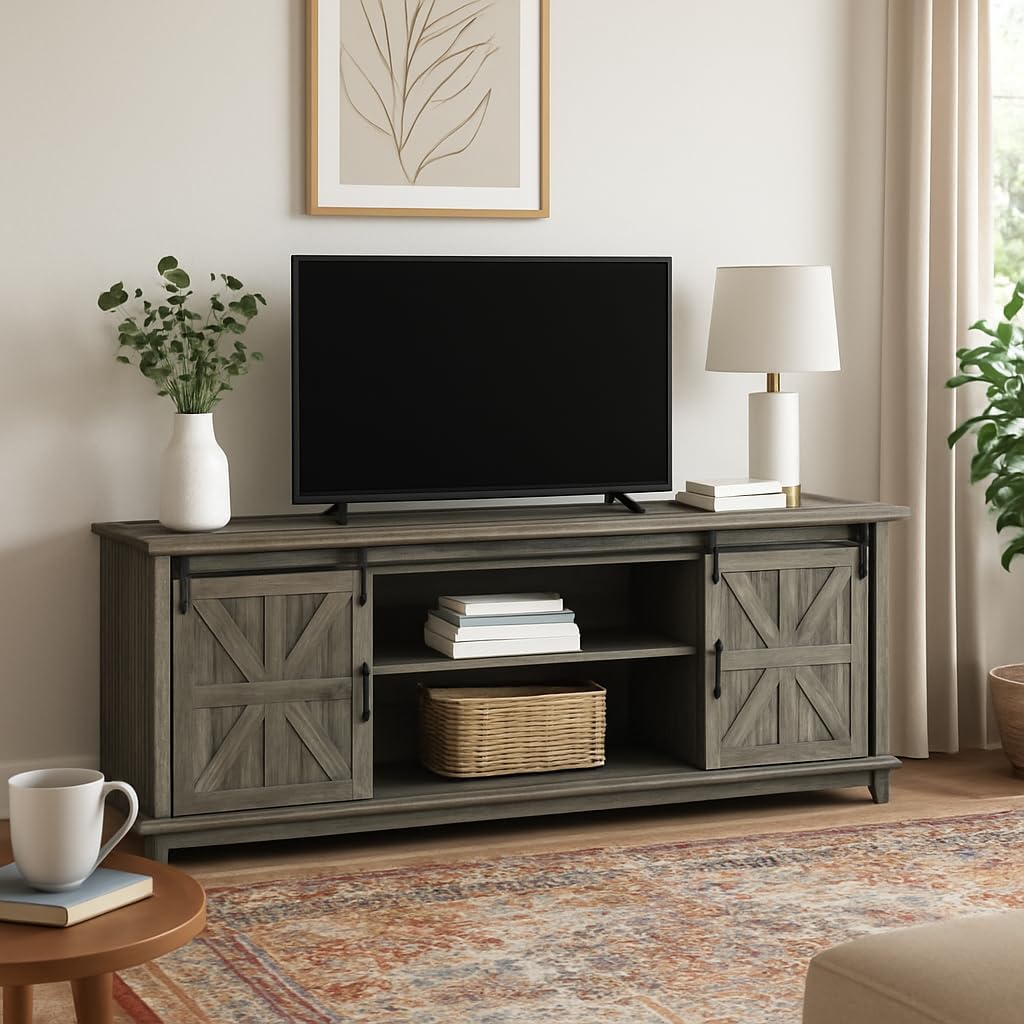 TV Stand for Televisions Up to 75 Inch, Entertainment Center with Storage Cabinets and Sliding Barn Doors, Mid Century Modern Media TV Console Table for Living Room Bedroom, Light Grey