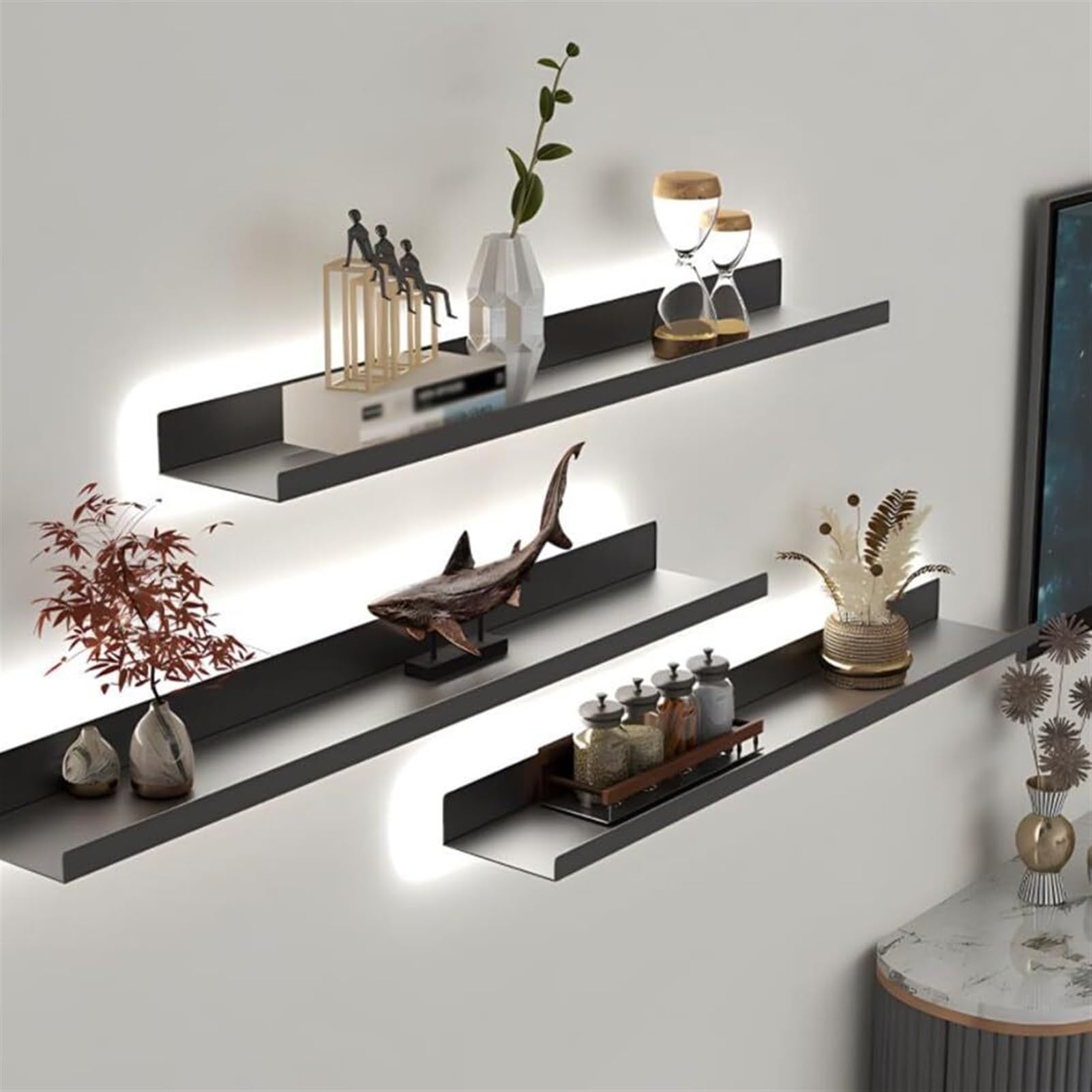 TYUHDUYUR Light-Emitting Shelves, 1pcs Floating Wall Shelves with LED Light, Ironwork Plant Shelf Or Bookshelf, for Bedroom Living Room DecorationStorage Plant (Grey 80x15x6cm) (Gray 150x15x6cm)