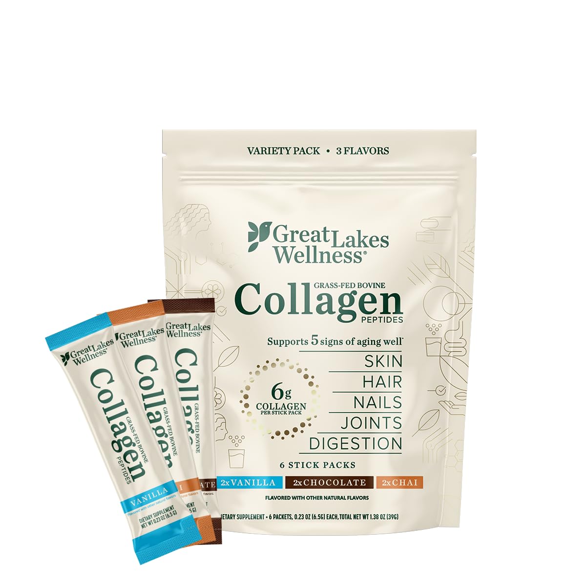 Collagen Peptides Powder for Skin, Hair, Nails, Joints & Digestion - Variety Flavors - Quick Dissolve Hydrolyzed, Non-GMO, Kosher - 6 Sticks - Packaging May Vary