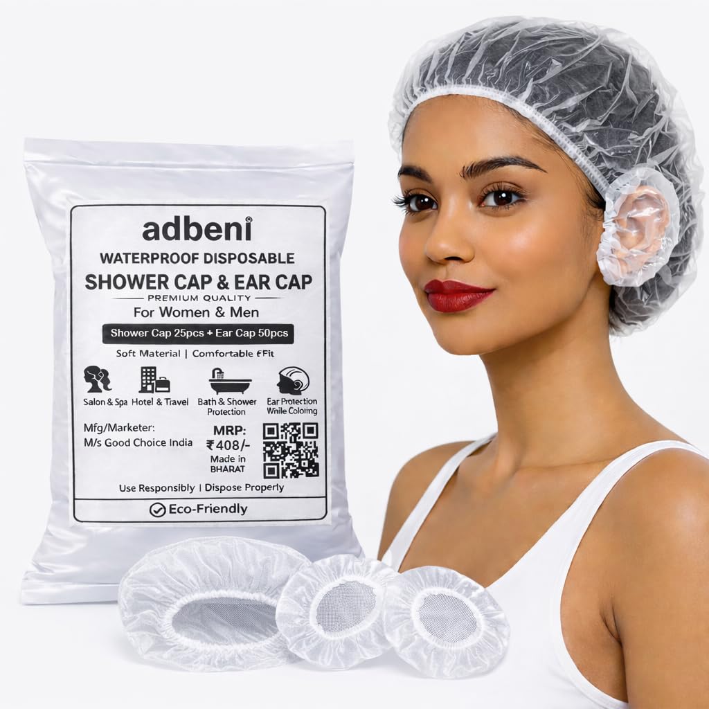 Adbeni Waterproof Disposable Hair Cap + Ear Cap for Women & Men, Clear Plastic Spa, Salon, Food Handling, Hotel, Travel & Dyeing High Quality Bath Shower Protection Hat for Bathroom, Beauty Treatments