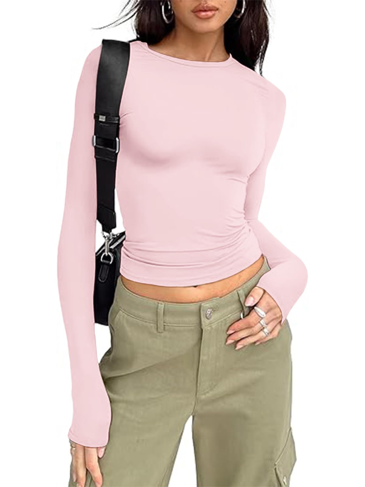 OOHOKAY Damen Langarmshirt Basic Oberteile Y2K Slim Fit Klassischer Tshirt Langärm Crop Tops