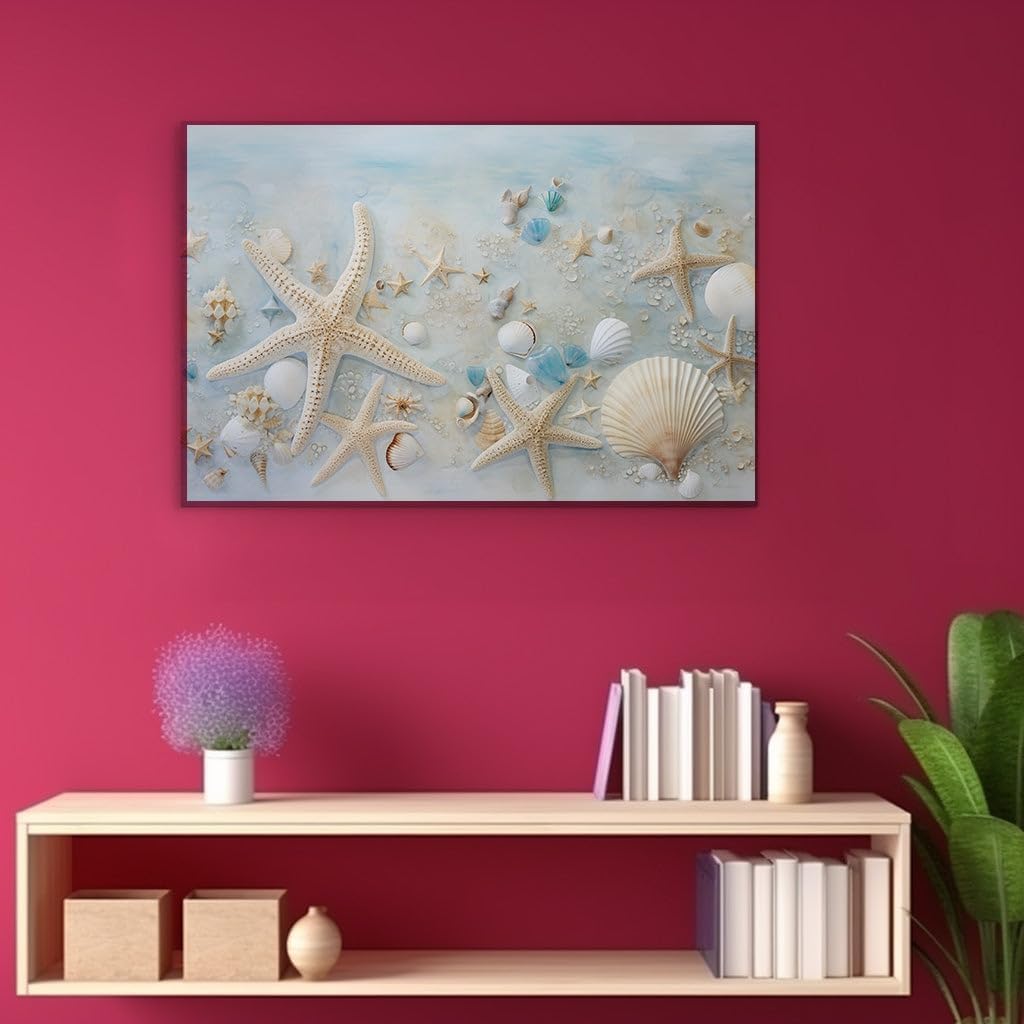Canvas for Living room. Seaside Serenity Captured in Shell and Starfish Symphony, 27 x 18 inch Canvas Wall Art - Contemporary Masterpieces - Modern Home Decor