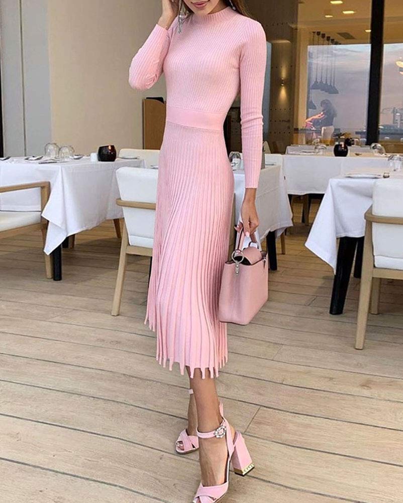 Minetom Damen Cocktail Festlich Hochzeit Party Kleid Langarm Winter Pullover Strickkleid Sweatkleid Elegant Midi Plissee Abendkleid