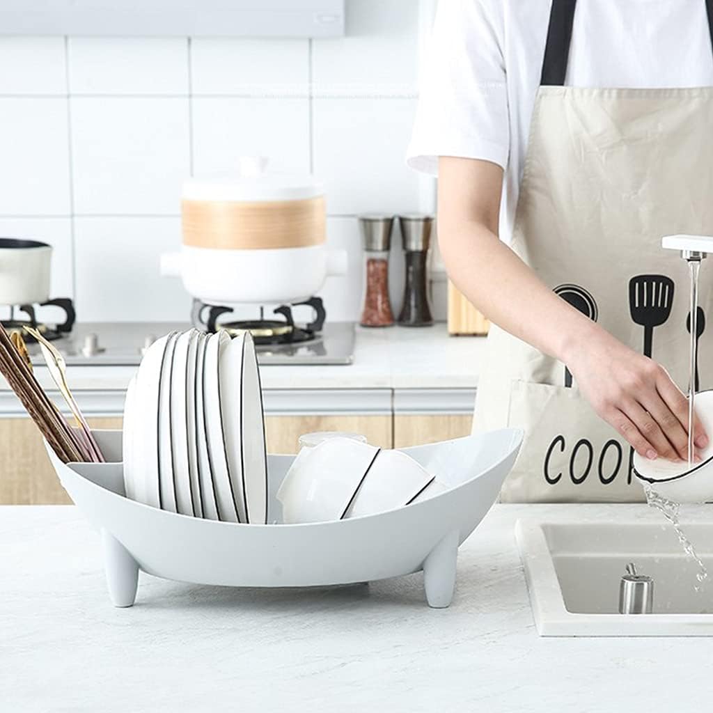 Dish Drying Rack Oval Shaped Drainer with Utensil Holder Plate Bowl Cutlery Storage Container Vegetable Basket Kitchen Counter Cabinet Organizer Utensil Holder Plate Bowl Basket, White