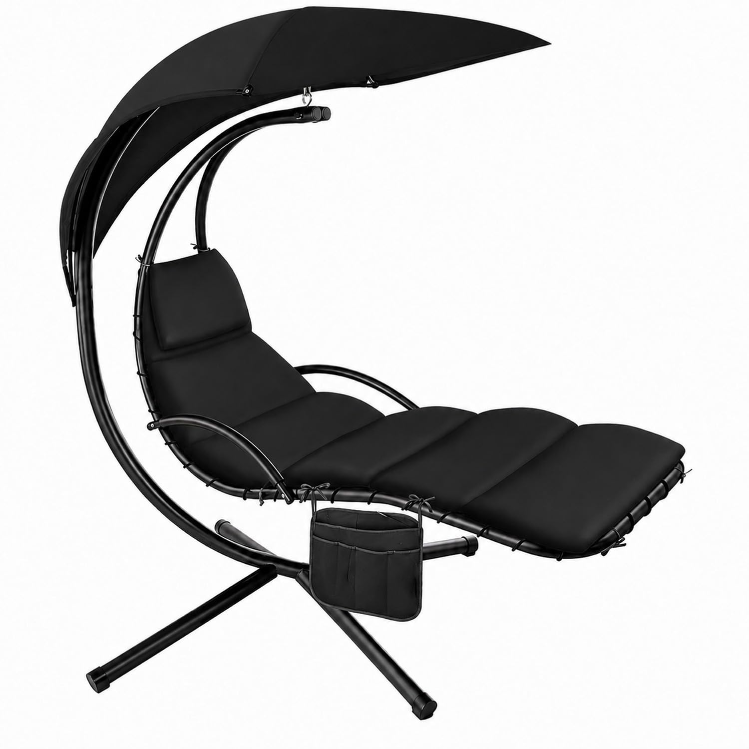 Sdraio Sospesa Con Ombrellone Parasole Integrato E Cuscino Imbottito Ergonomica Amaca Da Giardino In Acciaio E Poliestere Per Esterno Terrazzo E Bordo Piscina 195 x 132 x 197 Cm Nero
