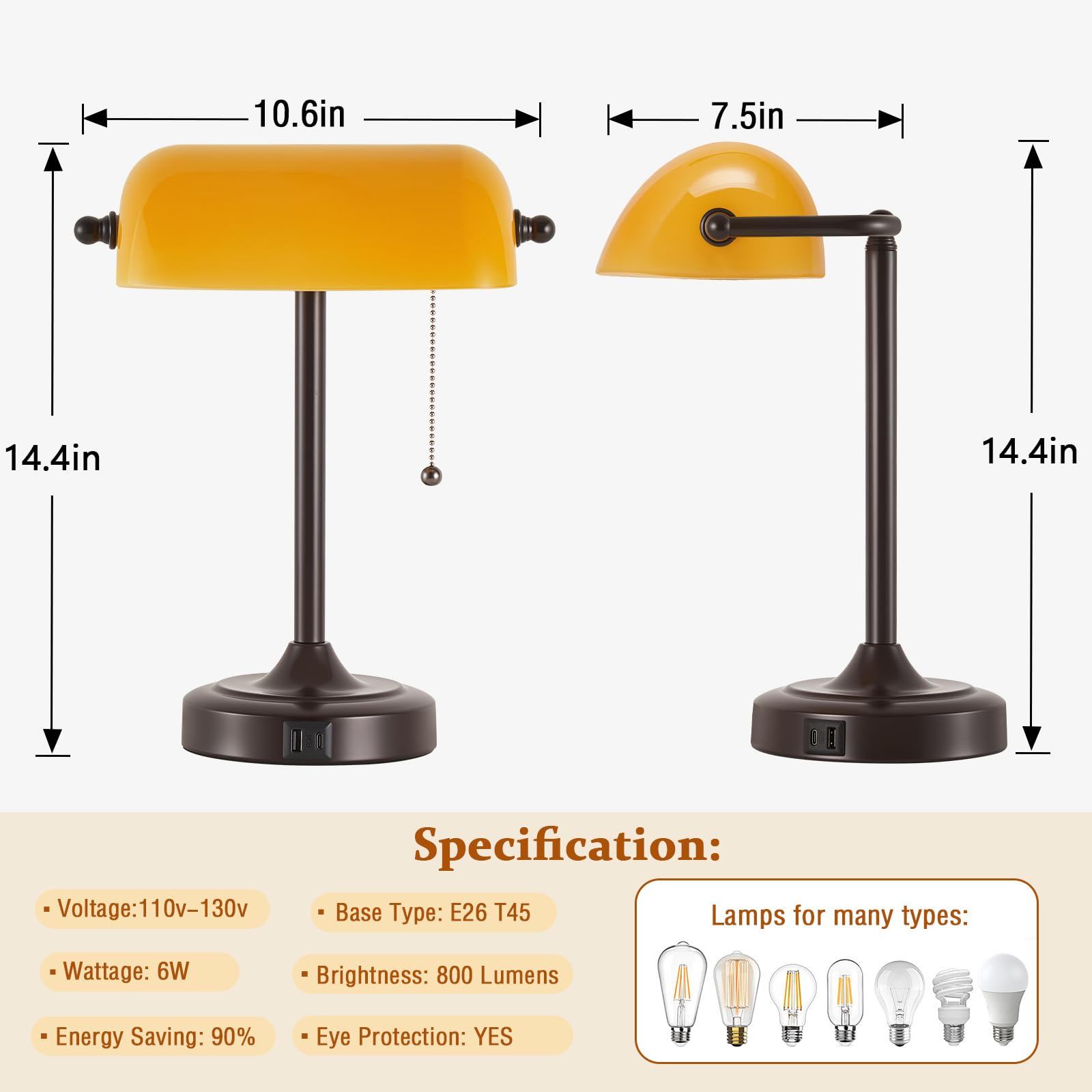 EJIAXIN Vintage Tischlampe für Banker - Retro Schreibtischlampe mit USB und Typ C Ladeanschlüssen mit Zugkettenschalter für Bibliothek, Tischlampe für Schreibtisch
