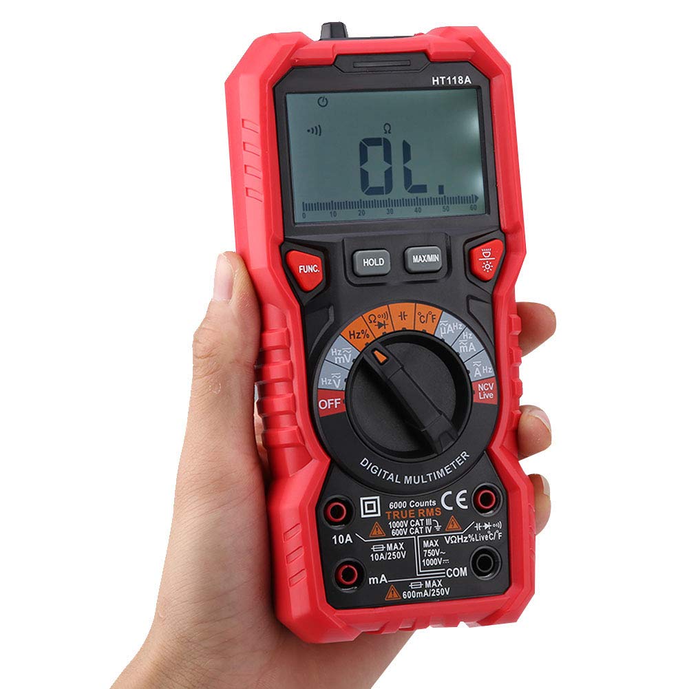 HT118A Handheld Digital Multimeter - ACDC Voltage, Current, Resistance, Capacitance, Temperature, with Flashlight and 6000 Counts LCD Display