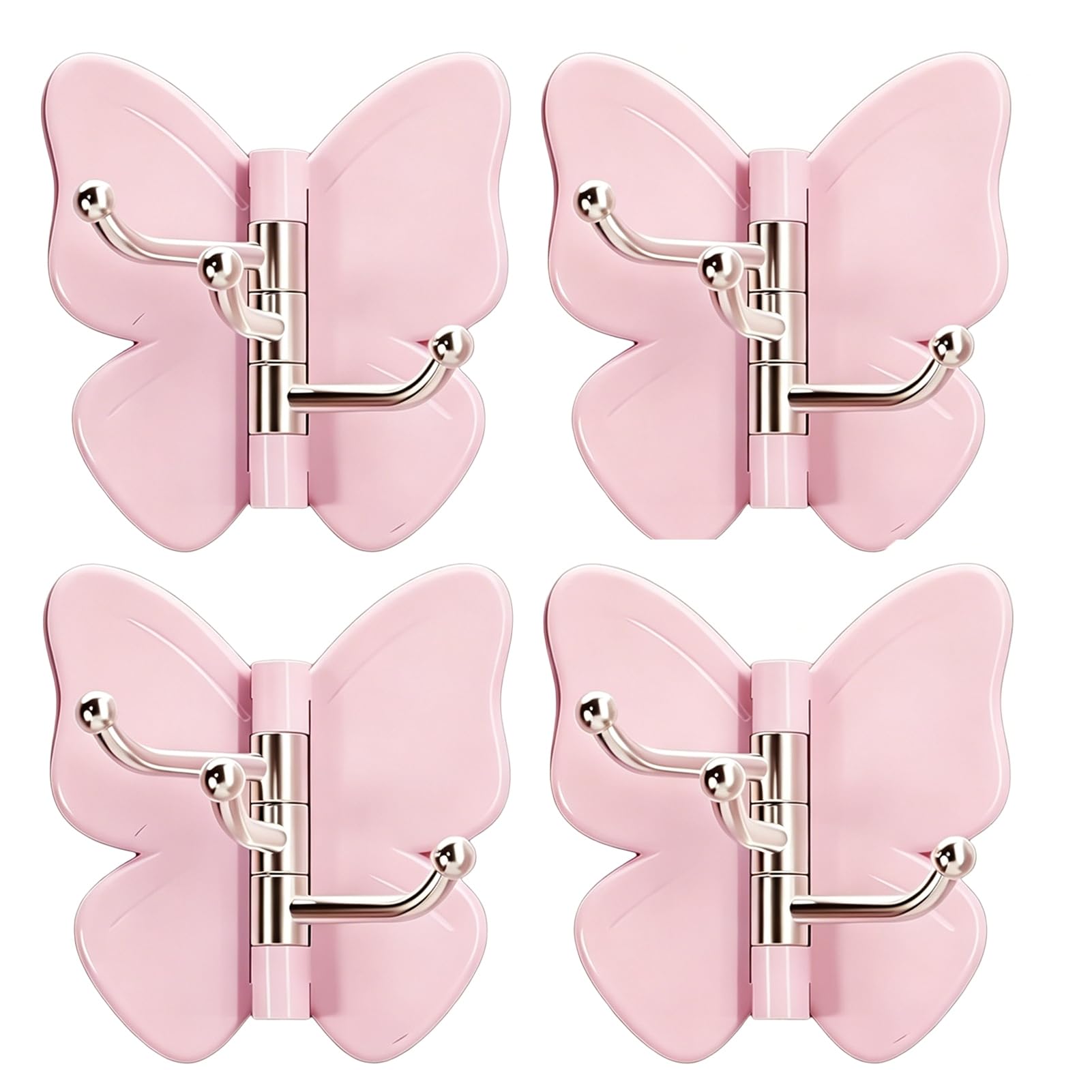 Zentriva 4PCS Butterfly Rotating Adhesive Hook, with 3 Swivel No Drill Wall, Space Saving Adhesive Hook for Bathroom Kitchen Bedroom Pink