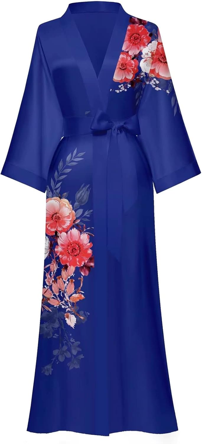 Women's Long Kimono Robe Floral Silk Robe Satin Silky Bathrobe Sleepwear Bridesmaid Wedding Robes