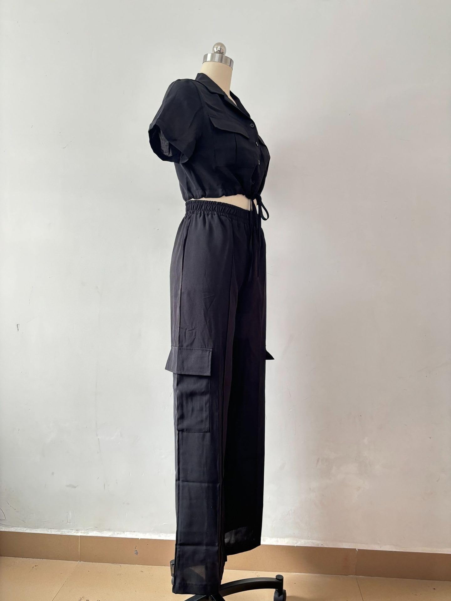 Conjunto de Verano de 2 Piezas para Mujer: Blusa de Manga Corta y Pantalón Cargo, Atuendo Deportivo Casual
