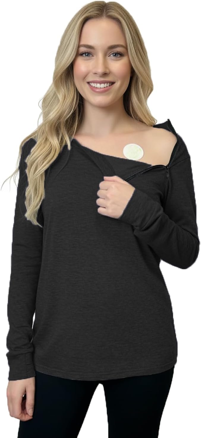 Youdiao Women's Port Access Shirt with Easy-Open Arm Zipper Soft Long Sleeve Top for Chemo, Dialysis & Post-Surgery Recovery - Image 3