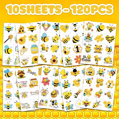Image of 120 PCS Bee Pre-Cut Temporary Tattoos for Kids | | Super Cute First Themed Birthday Party Favors, Supplies, Decorations, Cute Animal Tattoo Stickers, Gifts for Boys Girls