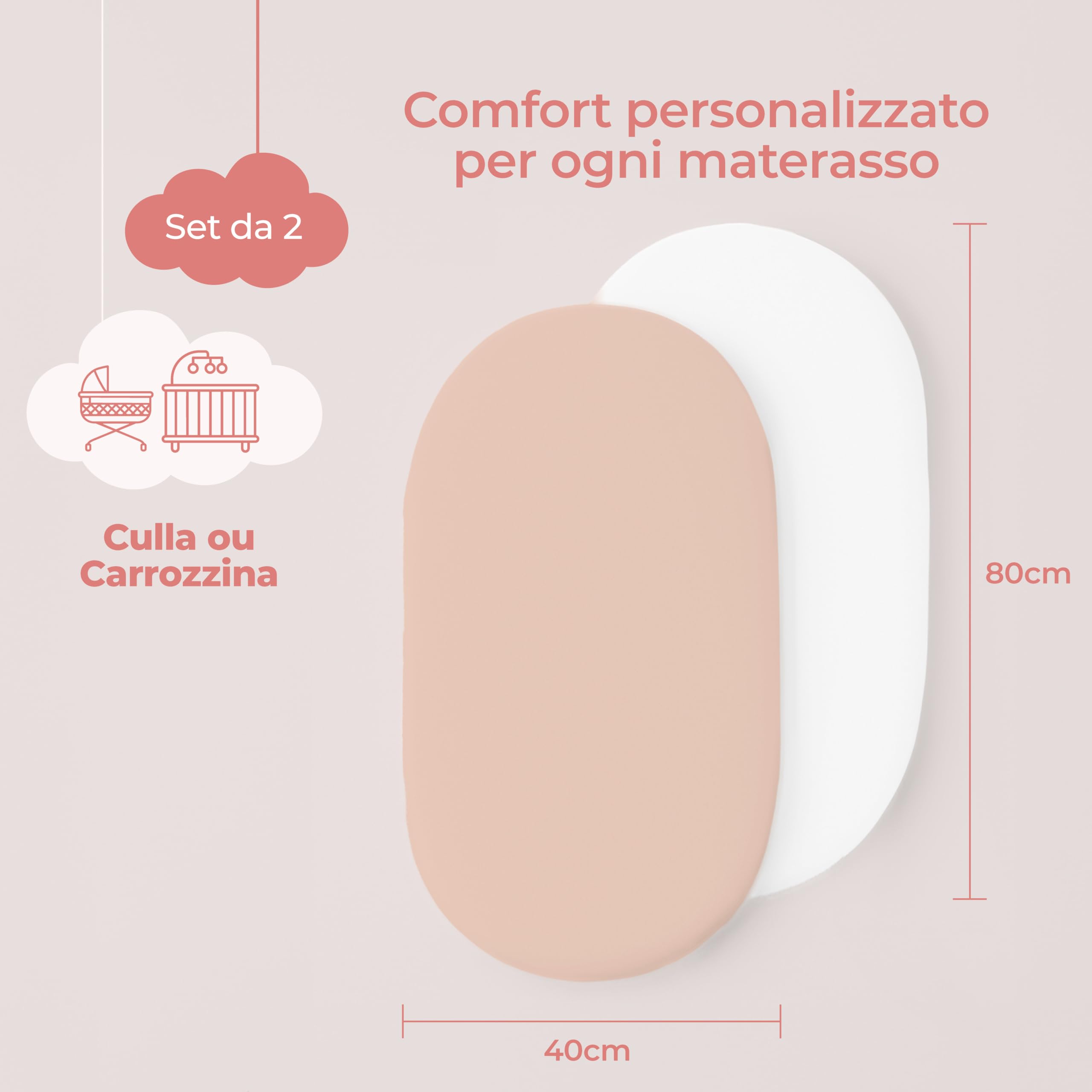 Dreamzie Set 2 Lenzuola Culla 40x80 Cotone - Lenzuolo Con Angoli, Oeko-Tex Certificato - Per Carrozzina E Passeggino Neonato - Rosa/Bianco