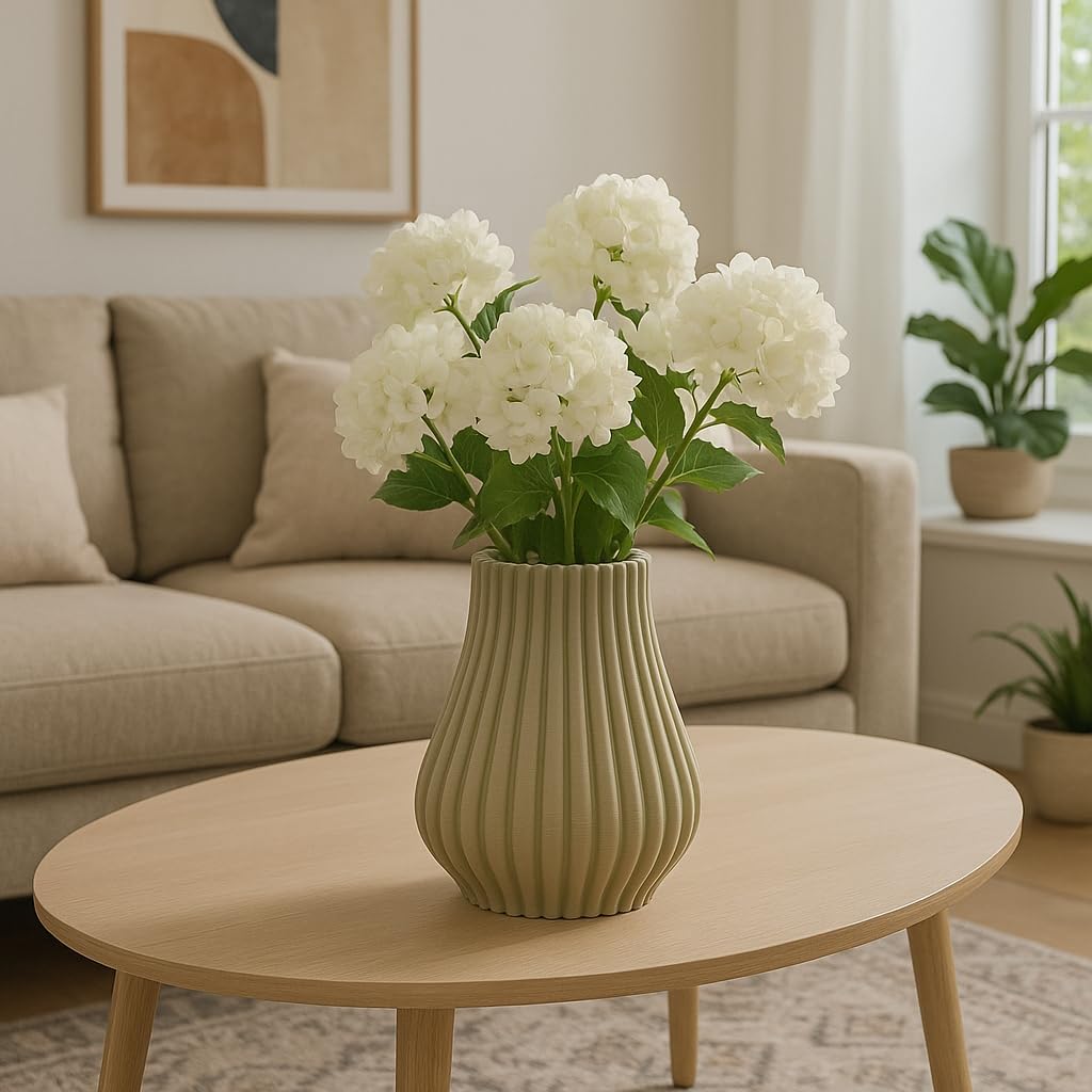 Ceramic Vase for Home Decor – Sculptural 3D Design Living Room Vase for Bedroom, House, Room, or Office Accent – Ribbed Decorative Flower Accent and Table Accents – 11” Green