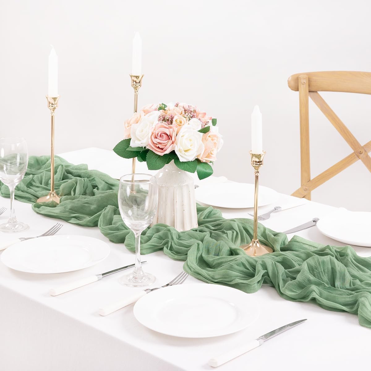 MLMC 8 Pack Sage Green Table Runner 10ft Rustic Gauze Spring Cheesecloth Table Runner 35x120 Inches Cheese Cloth for Boho Wedding Bridal Shower Centerpiece Decor