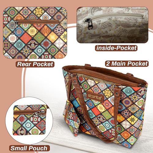 Image of Storite Women's Tote Bag with Leather Handles & Embroidery Printed Handbag with Zip Pockets, Shoulder Tote Bag and Handbag for Office and College