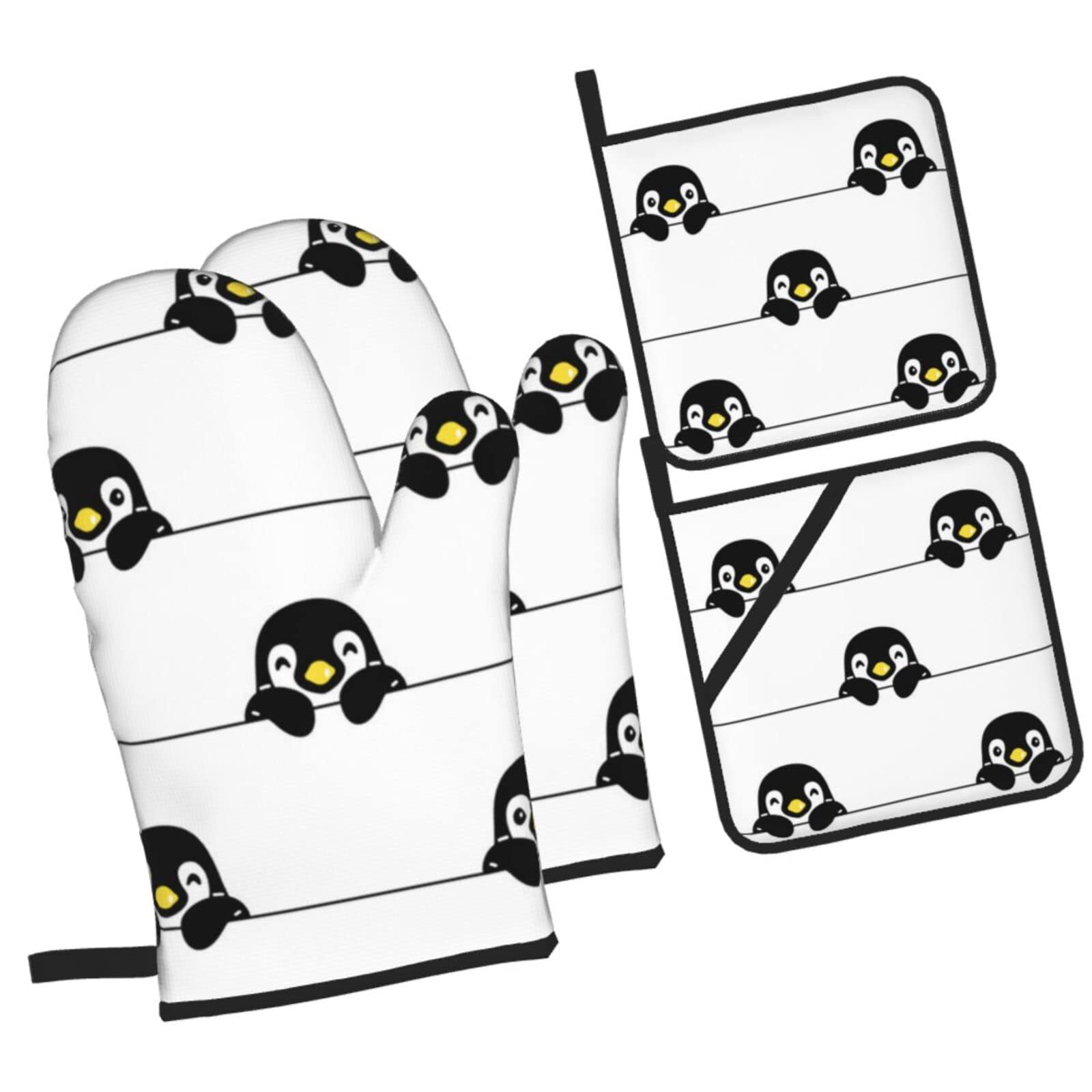 Penguin Seamless Pattern Oven Mitts and Pot Holders Sets, Christmas Oven Mitt Kitchen Heat Resistant Non-Slip Pot Holders Set for Cooking Baking BBQ