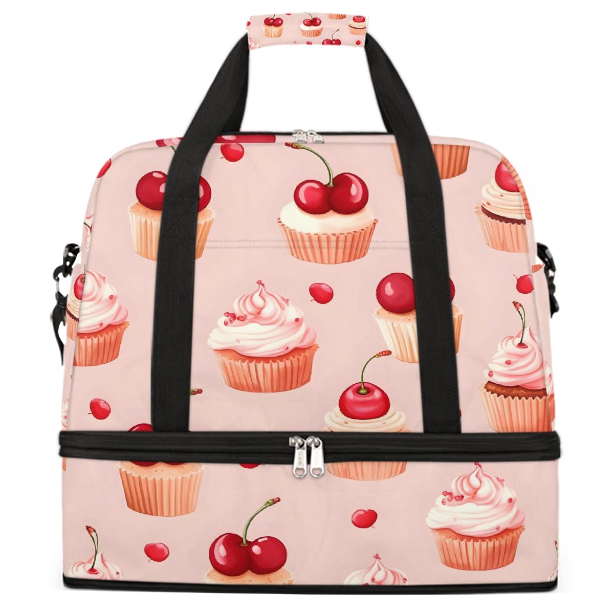 Borsone da viaggio pieghevole con motivo torta di ciliegie, borsa da palestra espandibile con scomparto per scarpe, borsa da weekend di grande capacità, borsa da viaggio per sport, viaggi notturni