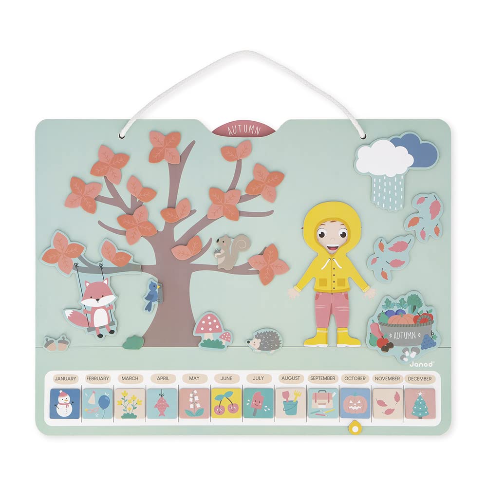 Janod - Calendario delle Stagioni - Calendario Educativo in Legno per Bambini 42 x 32 cm - Magnetico - 125 Magneti - Tempo e Stagioni - Versione Inglese - Dai 3 Anni, J5464