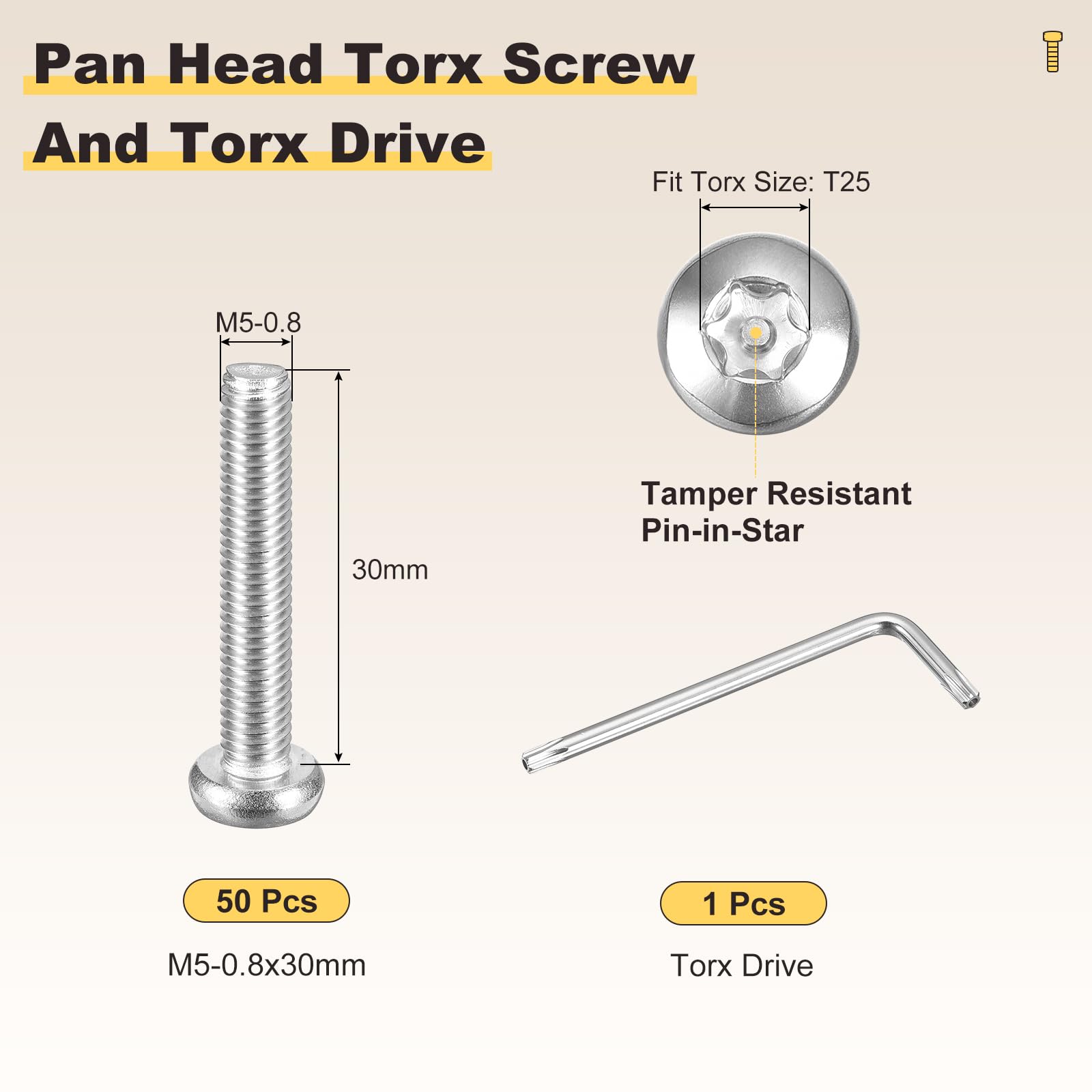 METALLIXITY Pan Head Torx Screws (M5-0.8x30mm) 50pcs with Wrench, Button Torx Head Machine Screws with One Bit - Image 2