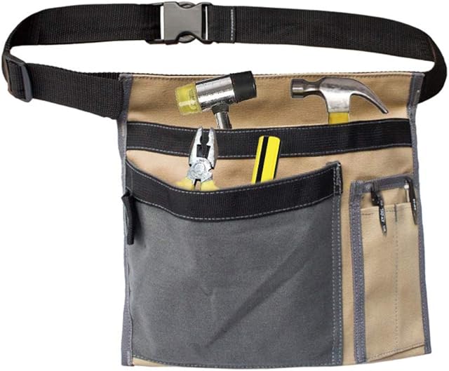 Cyleibe Tool Belt Pouch, 12OZ Multifunctional Canvas Waist Apron Tool pocket bags with Adjustable Belt Clip for Workshop Storage/Wood Working Tools/Screwdriver Pouch/Garden - Contrast Color Beige Grey