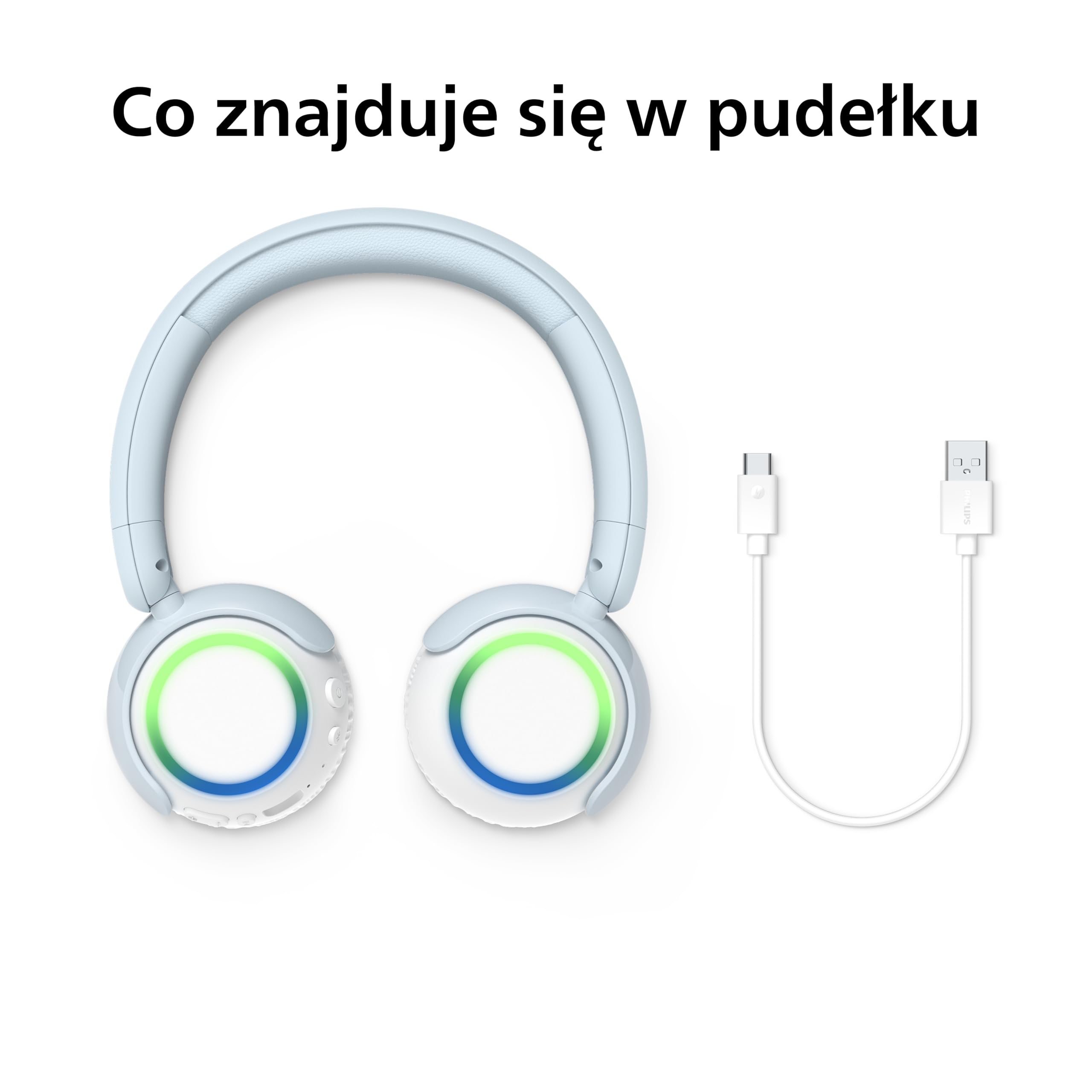Philips Bezprzewodowe składane słuchawki nauszne dla dzieci TAK4200BL (Seria 4200), z ograniczeniem głośności, Audio Sharing, kabel 3,5 mm i USB‑C w zestawie – białe