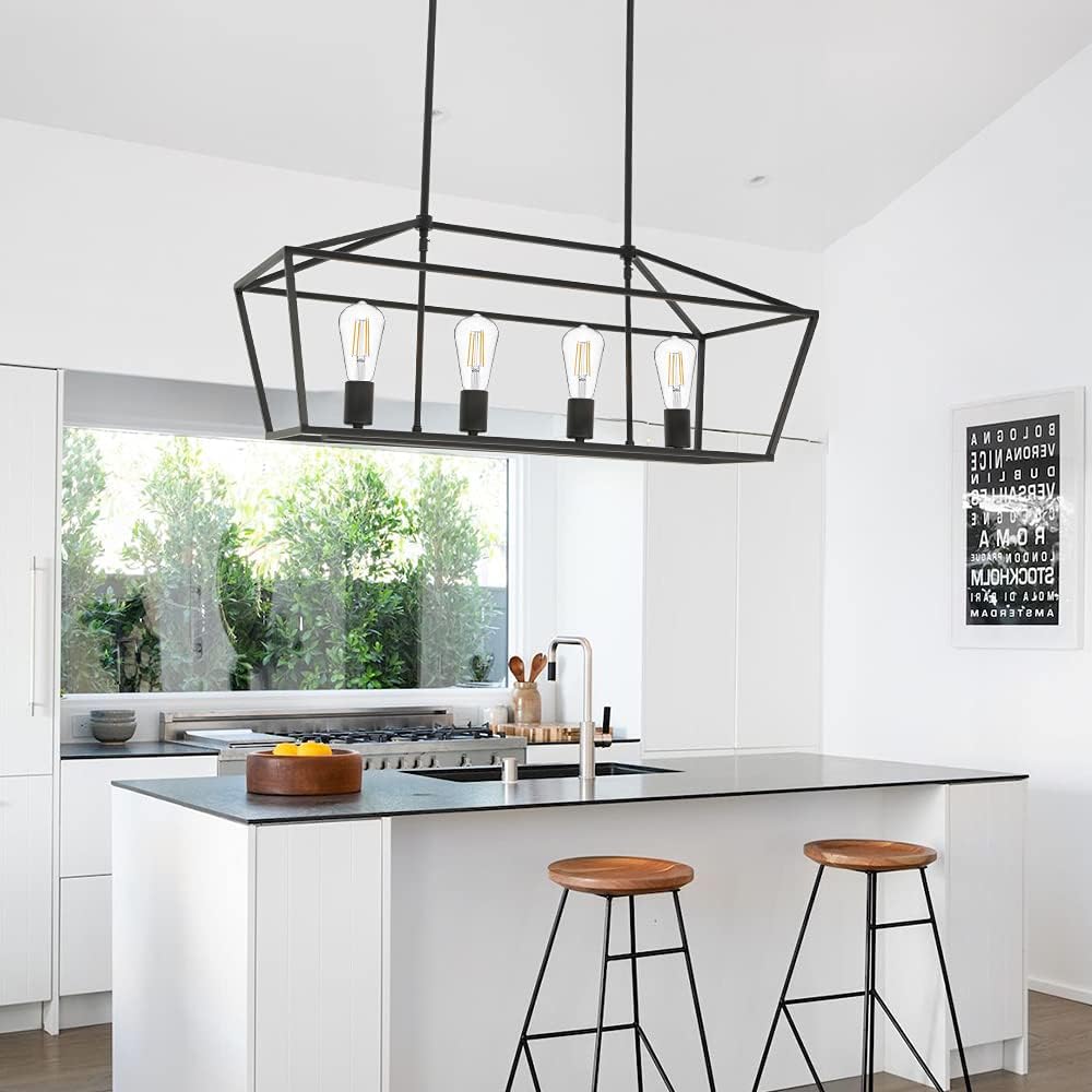 4 Light Industrial Farmhouse Chandelier in Black Finish,Metal Linear Kitchen Island Pendant Lighting Indoor Dining Room Light Fixture for Kitchen Living Room Stairway Bar