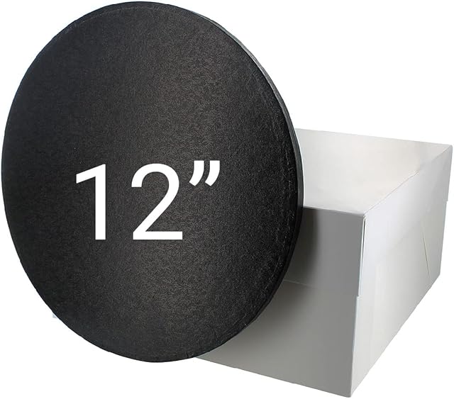 Culpitt 12" Black Cake Board & White Cake Box Combo, Round Cake Drum With Matching Box, 0.5'' (13mm) Thick, Square Cake Transport For Halloween Treats, 12 Inch, Single Pack