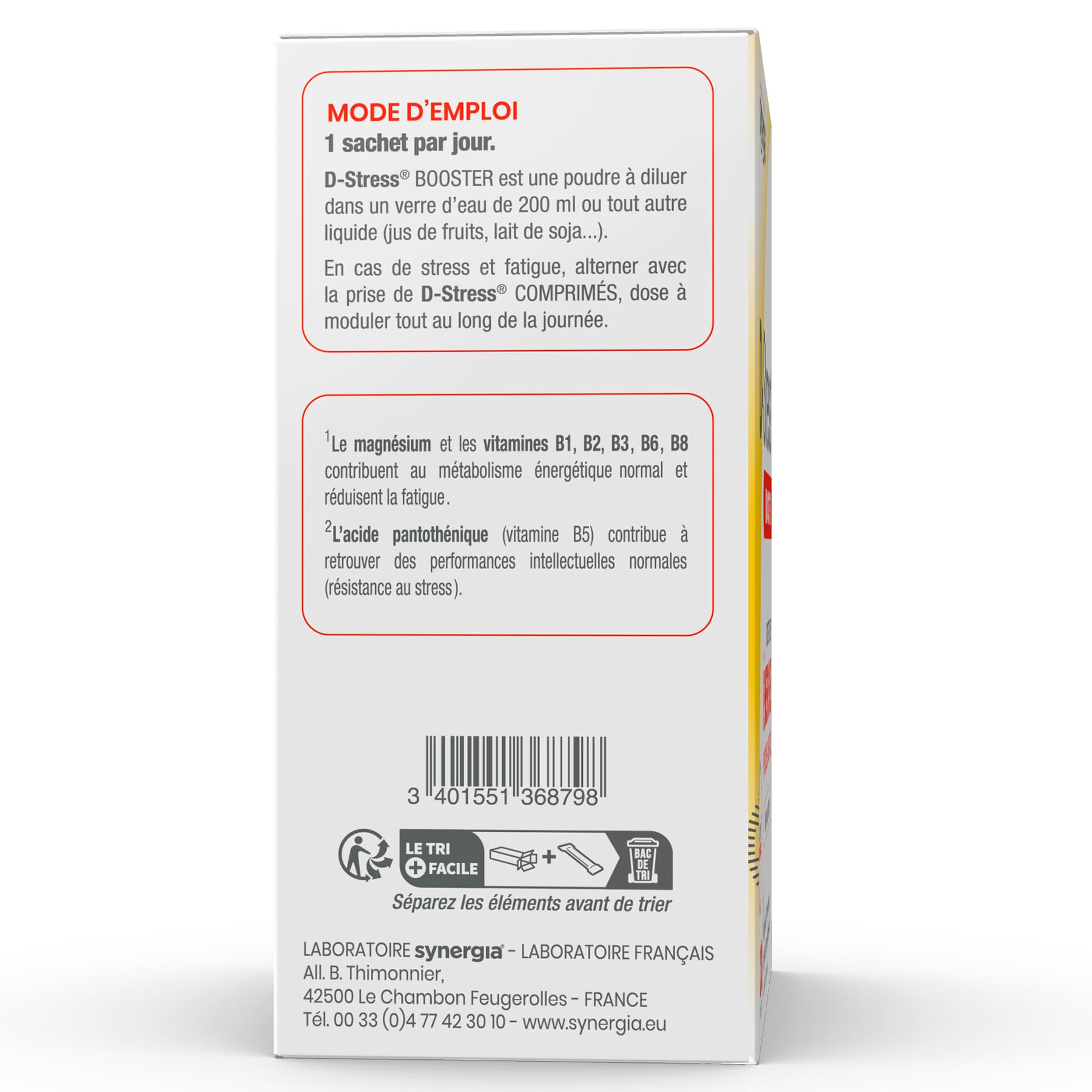 D-STRESS BOOSTER Lot de 3 + 1 Produit Synergia Offert | Magnésium de 3ème Génération + Taurine + Arginine + Vitamines B | Gère les Montées de Stress en 30 Minutes | LABORATOIRE SYNERGIA