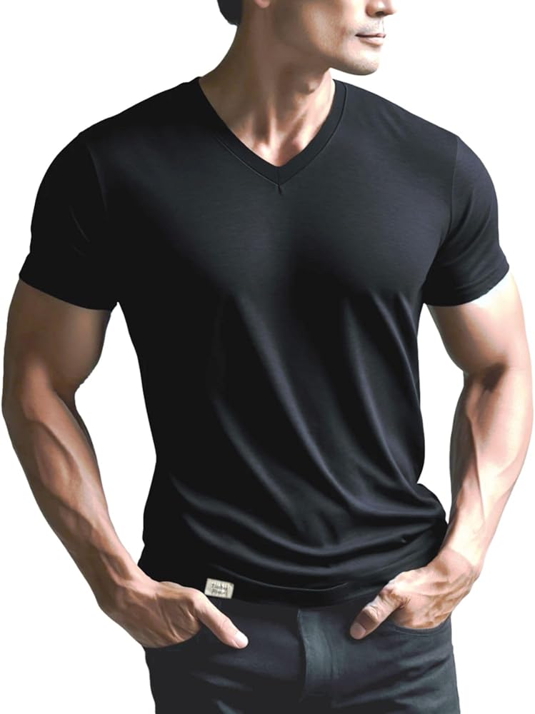 Amazon | メンズ 無地 Tシャツ ボディフィット ワイルドカットソー (V