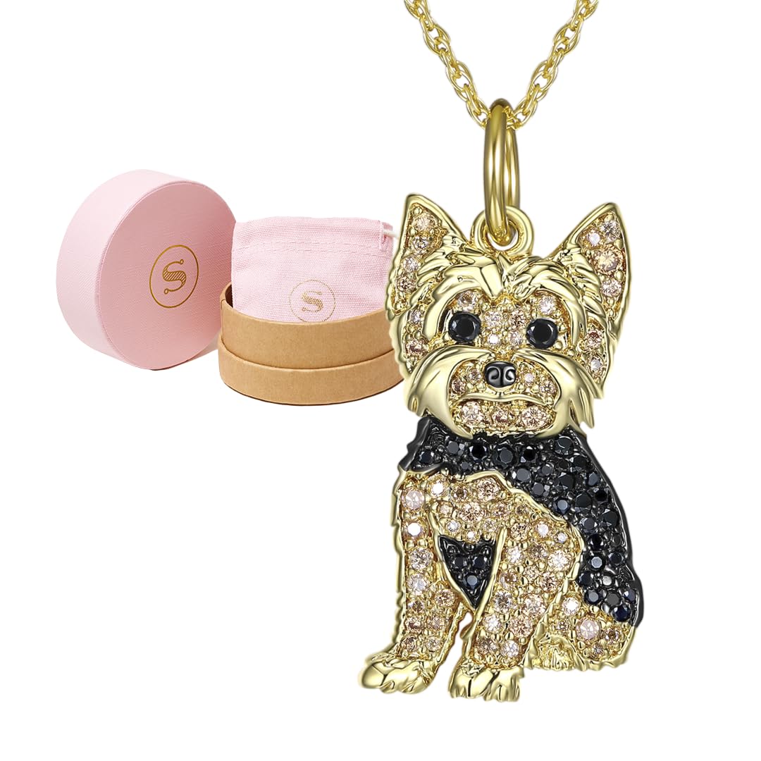 SCAMPER & CO Dog Breed Cubic Zirconia Puppy Charm Pendant Necklaces for Women - Genuine Gemstone with Elegant Backplate, Premium Plated Sterling Silver Necklace for Women Easy Closure 18 to 20 inch