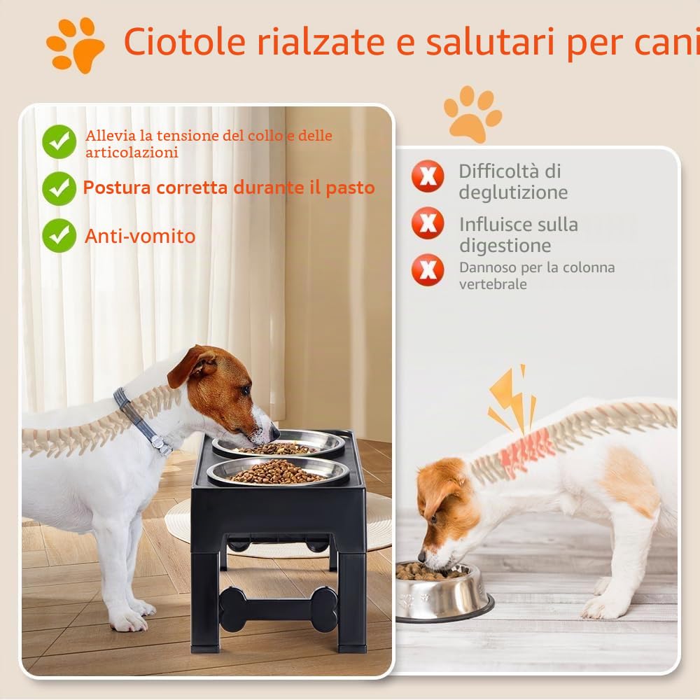 Marchul Ciotole Per Cani Rialzate, 4 Ciotole Rialzate Regolabili in Altezza con 2 Ciotole in Acciaio Inossidabile, Ciotola Antiscivolo Per Cibo e Acqua Per Cani con Supporto