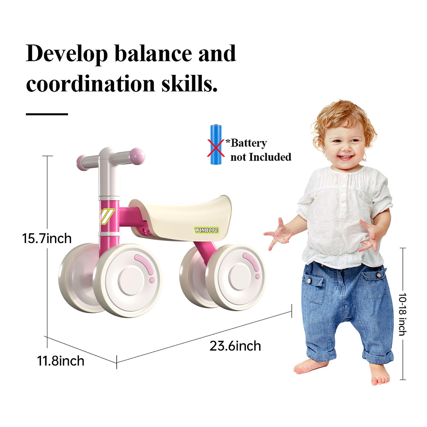 WinHope Baby Balance Bike for 1-3 Year Olds, Silent Wheels,Soft Seat, No Sharp Edges, Toddler Baby Walker for 12-36 Month Boys Girls, Birthday Gifts(Pink)
