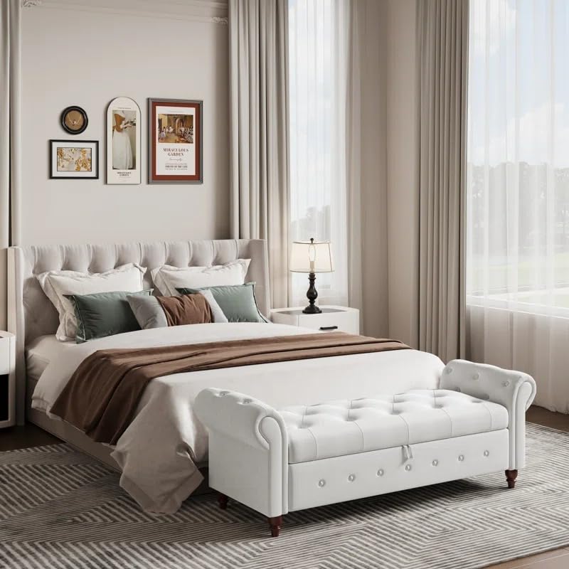 Image of LEGACY OF COMFORT F4 Velvet Upholstered Storage Bench Sofa Bench Sofa couches Rolled Arm Window Bench Ottoman Bench 2 Seater Sofa Chaise Lounger or Living Room Bedroom Office (White Velvet)