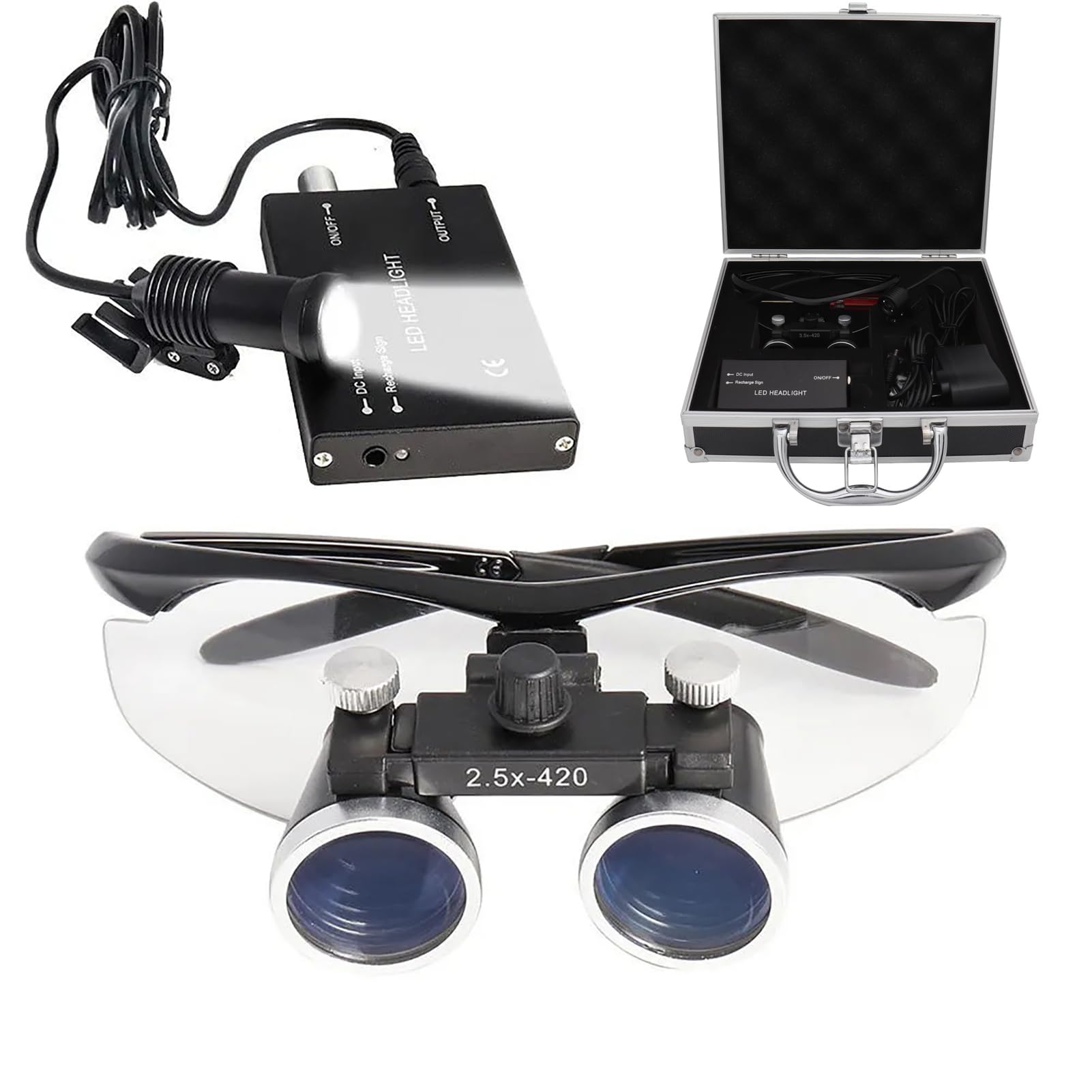 Loupe dentaire,Loupe binoculaire,2.5X 420mm Loupes Chirurgicales Dentaires with LED Headlight, Utilisé en dentisterie, Chirurgie, bijoutier ou Passe Temps, Loupe Portable