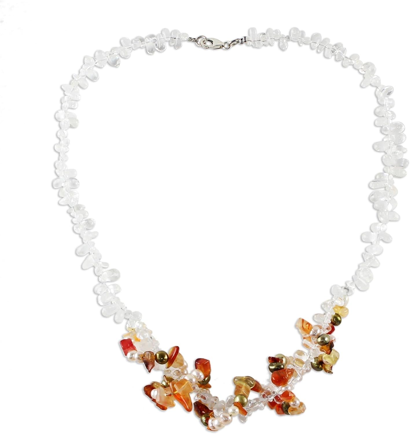 NOVICA Artisan Handmade Pearl Rose Quartz Strand Necklace Sterling Silver Agate Orange Beaded Thailand Birthstone [17.25 in L x 1.2 in W] ' Joy'