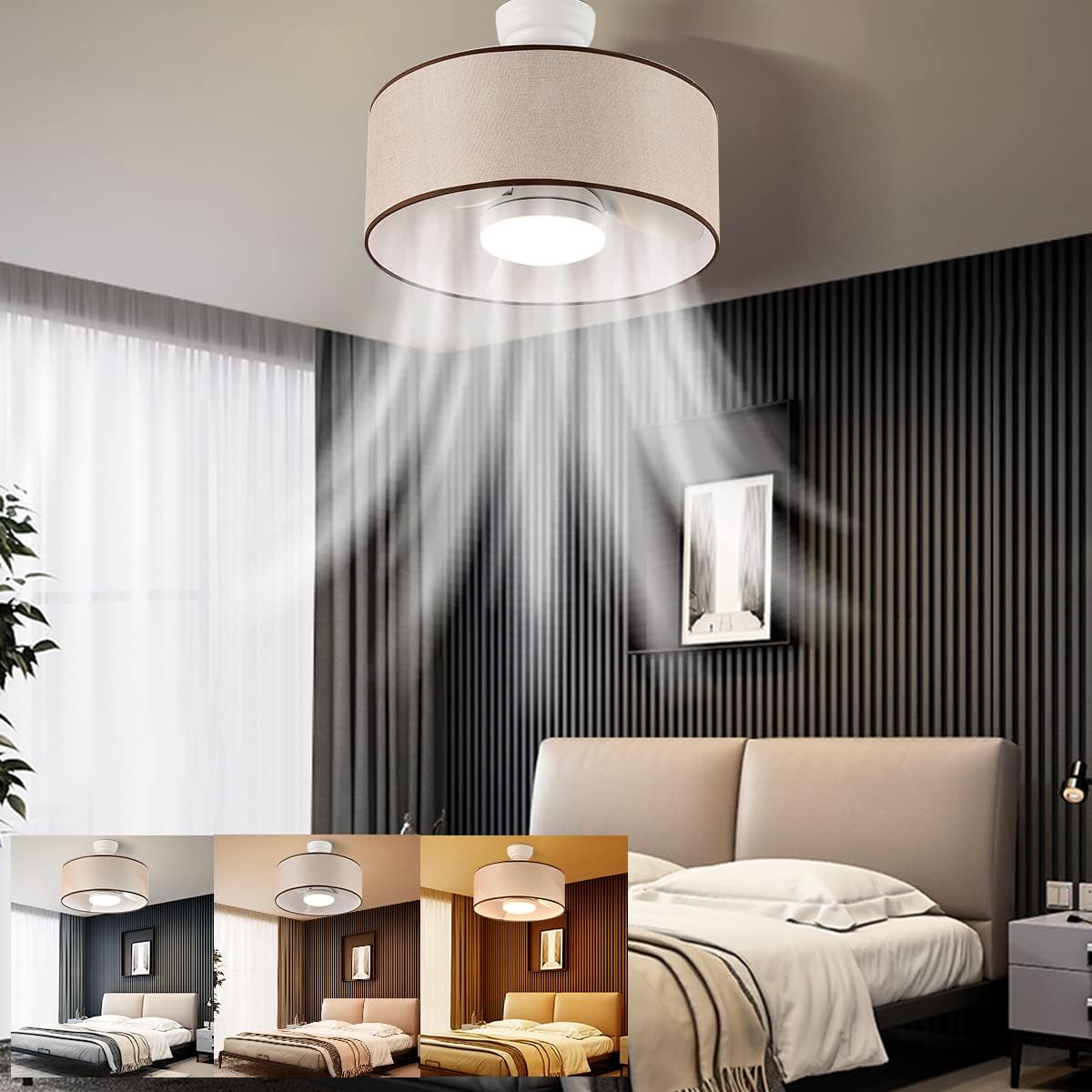 LED 20” Smart Linen Fabric Drum Dimmable Ceiling Fan with Light and Remote,Low Profile Round Lamp Lighting,Small Circle Semi Flush Mount Fandelier Fixture for Indoor Bedroom Dining Kitchen